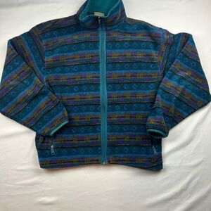 Vintage LL Bean Blue Multi-Color Patterned Full-Zip Fleece Jacket